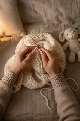 Cozy Evening Hands Knitting Ivory Blanket