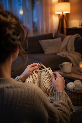 Cozy Evening Knitting on Sofa