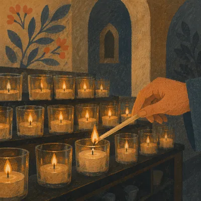 Hand Lighting Votive Candle in Dark Church