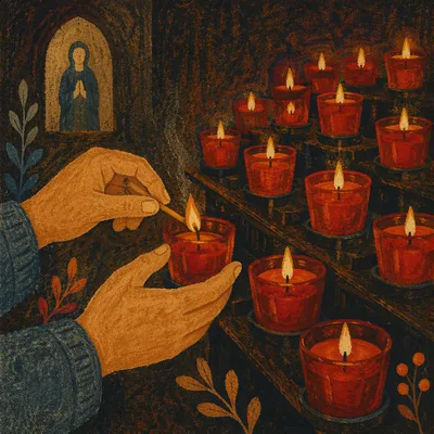 Hands Lighting Red Votive Candle in Church