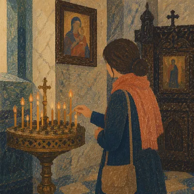 Person Lighting Candle in Dim Church