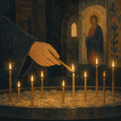 Hand Lighting Votive Candle in Dark Chapel