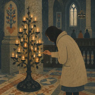 Candle Prayer in a Dim Historic Church