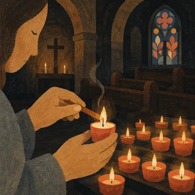 Lighting Votive Candle in Historic Church