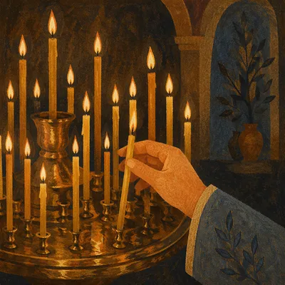 Hand Lighting Beeswax Candle in Chapel