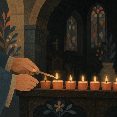 Hands Lighting Votive Candle in Dark Church