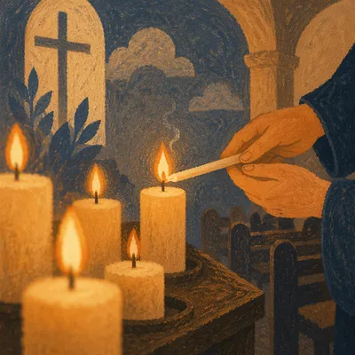 Hands Lighting Prayer Candles in Dark Church