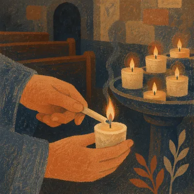 Hands Lighting Votive Candle in Dark Church