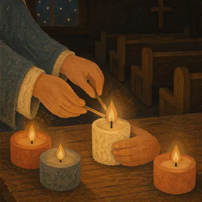 Hands Lighting Candle in Quiet Wooden Chapel