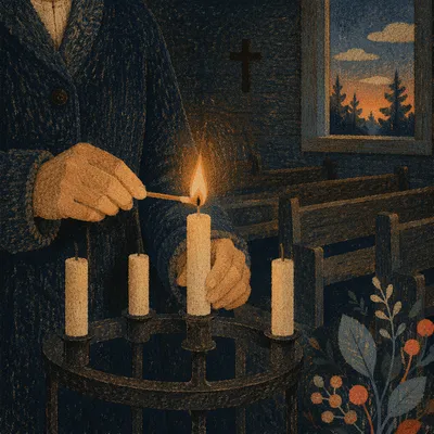 Candlelit Prayer in a Dark Wooden Church