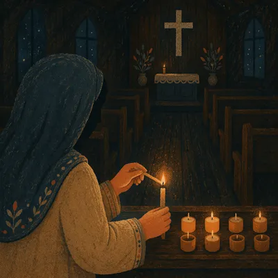 Candlelit Prayer in a Dark Wooden Chapel
