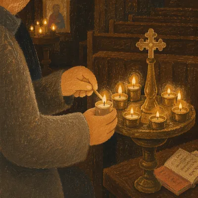 Hands Lighting Votive Candle in Dark Chapel