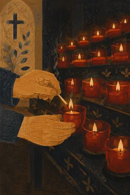 Hands Lighting Red Votive Candle in Church