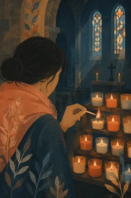 Person Lighting Candle in Quiet Church
