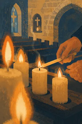Candlelit Prayer Hands in Dark Church