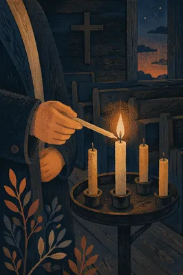 Candle Lighting in a Dark Wooden Church