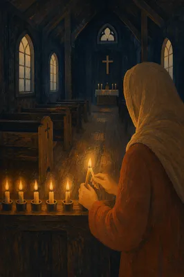 Candlelit Prayer in a Dark Chapel