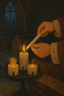 Hands Lighting Candle in Dark Chapel