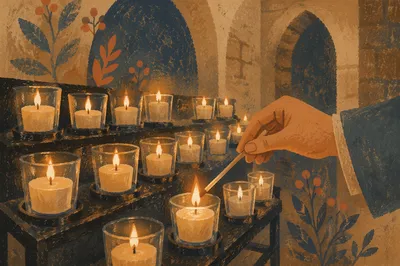 Hand Lighting Votive Candle in Church