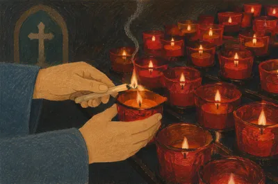 Hands Lighting Red Votive Candles in Church
