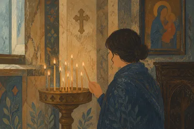 Quiet Candle Lighting in Historic Church Alcove
