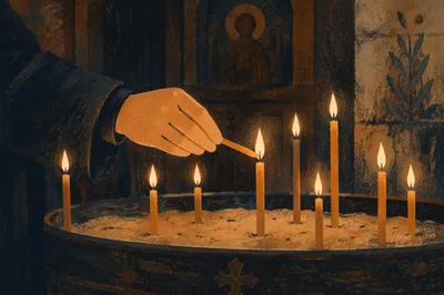 Hand Lighting Votive Candle in Dark Chapel