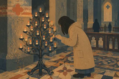 Candle Prayer in a Dark Historic Church
