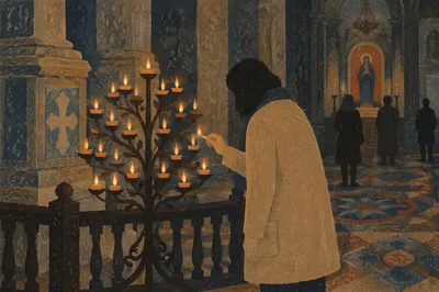 Person Lighting Candle in Historic Church
