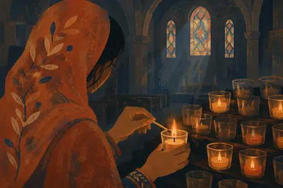 Person Lighting Candle in Quiet Church