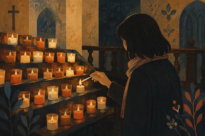 Quiet Prayer Candle in Dim Church