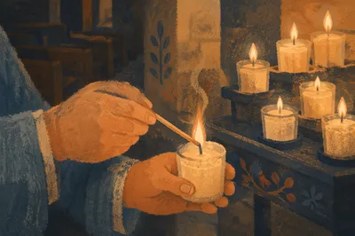 Hands Lighting Votive Candle in Dark Church