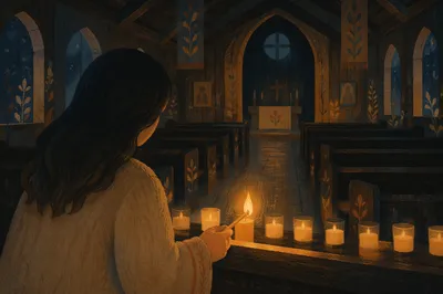 Candlelit Prayer in a Dark Wooden Chapel