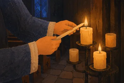 Hands Lighting Candle in Dark Chapel