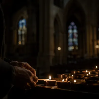 Lighting a Prayer Candle in a Dark Church