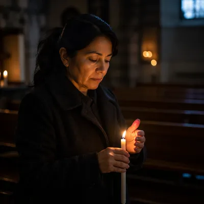 Woman Lighting Candle in Quiet Church