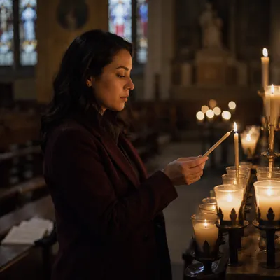 Woman Lighting Candle in Dark Church
