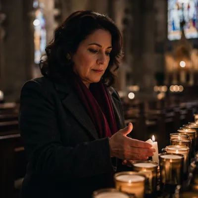 Woman Lighting Candle in Dim Church