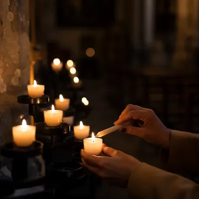 Hands Lighting Votive Candle in Dark Church