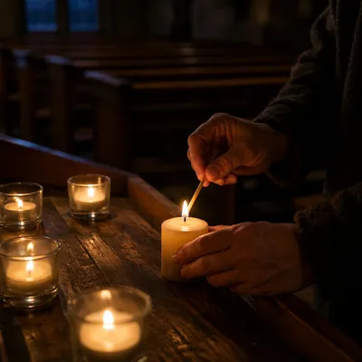 Hands Lighting Candle in Dark Chapel