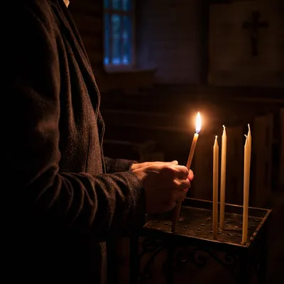Candlelit Prayer in a Dark Wooden Church