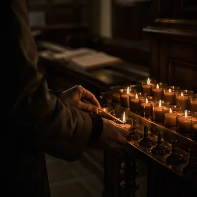 Hands Lighting Votive Candle in Quiet Chapel
