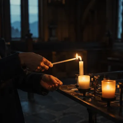 Hands Lighting Candle in Dark Chapel