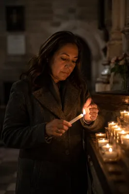 Woman Lighting Candle in Stone Church