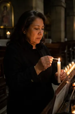 Woman Lighting Candle in Dim Church