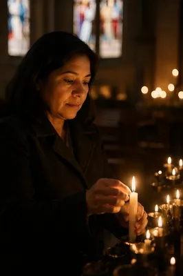 Woman Lighting Candle in Dark Church
