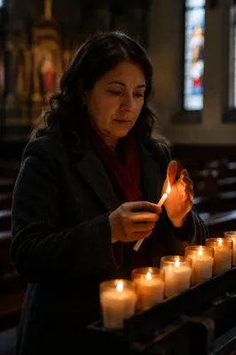 Woman Lighting Candle in Dim Church