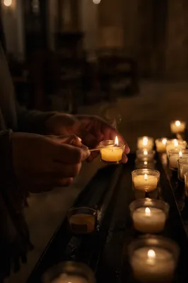 Hands Lighting Votive Candle in Dark Church