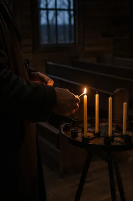 Candlelit Prayer in a Dark Wooden Church