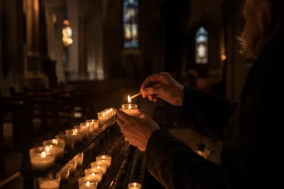 Hands Lighting Votive Candle in Dark Church