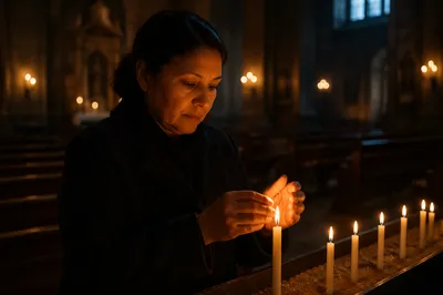 Woman Lighting Candle in Dim Church